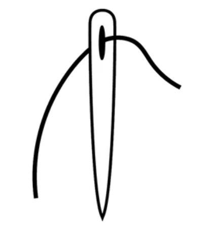 Black line drawing of a needle with thread on a white background